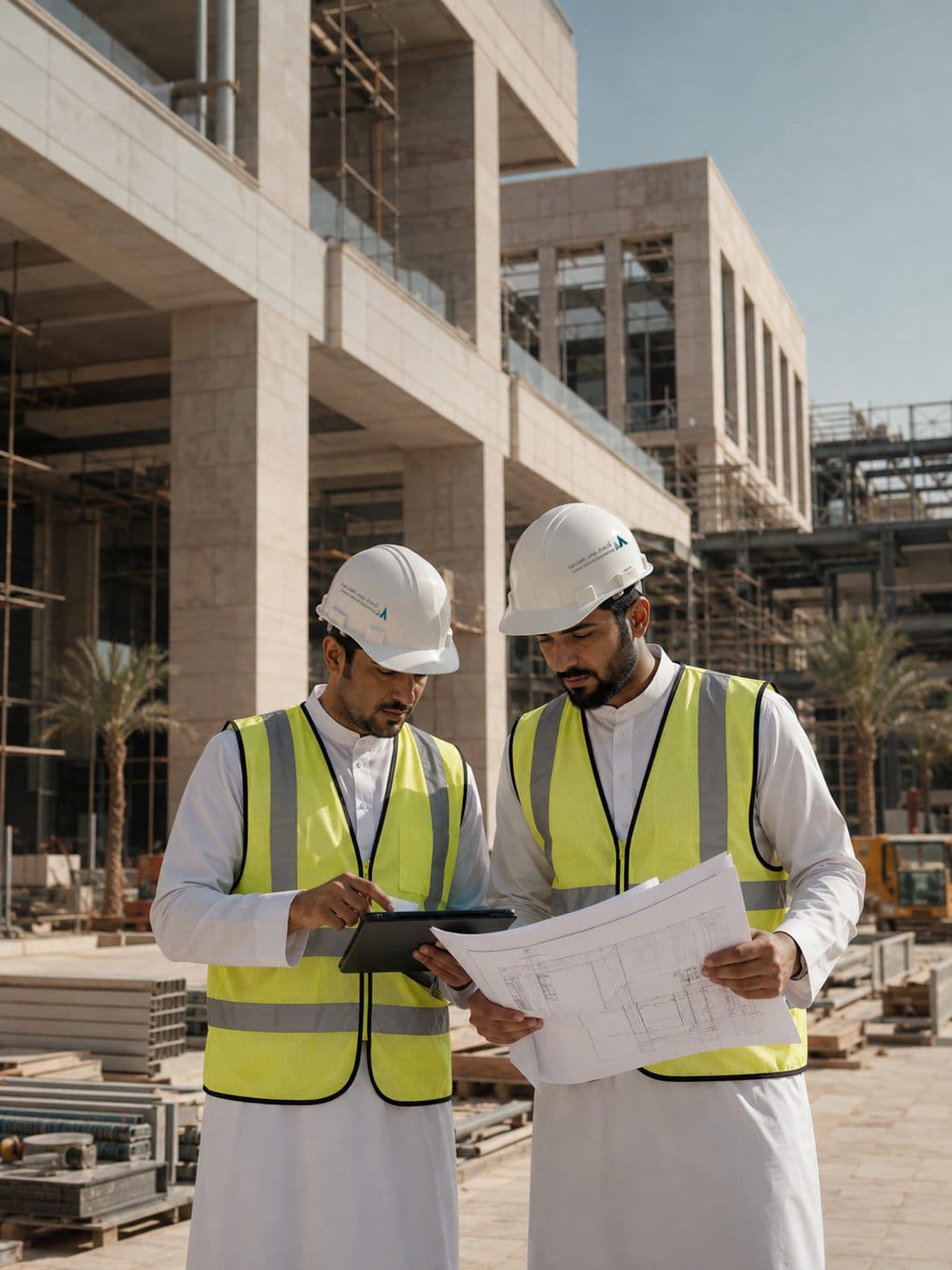 Two engineers reviewing plans on a construction site